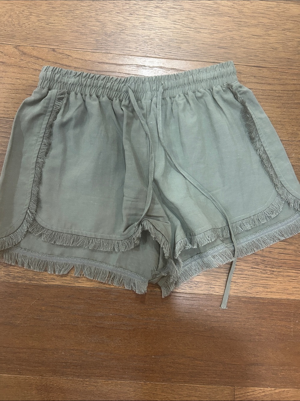 BB Dakota Olive Green Fringe Drawstring Athletic Shorts